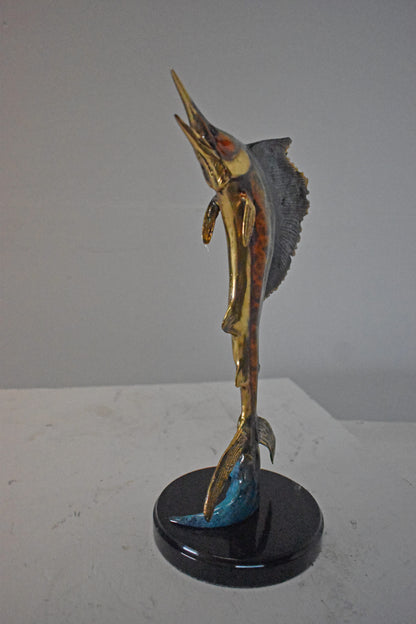 Single Sailfish Bronze Statue Mounted on Round Marble - Size: 6"L x 6"W x 15"H.