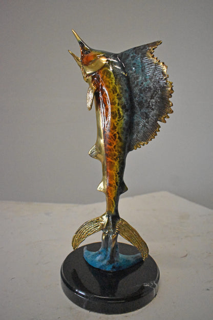 Single Sailfish Bronze Statue Mounted on Round Marble - Size: 6"L x 6"W x 15"H.