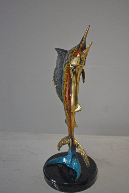 Single Sailfish Bronze Statue Mounted on Round Marble - Size: 6"L x 6"W x 15"H.