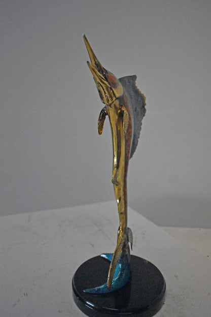 Single Sailfish Bronze Statue Mounted on Round Marble - Size: 6"L x 6"W x 15"H.