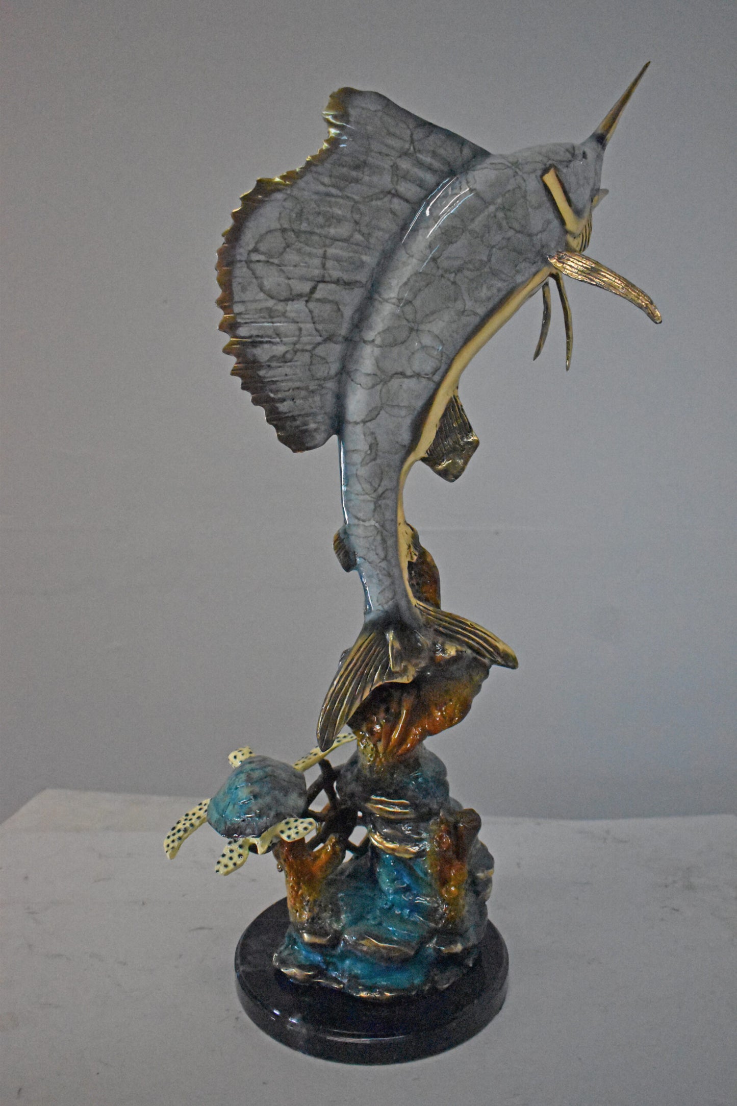 Sailfish with Turtle Bronze Statue - Size: 12"L x 18"W x 31"H.