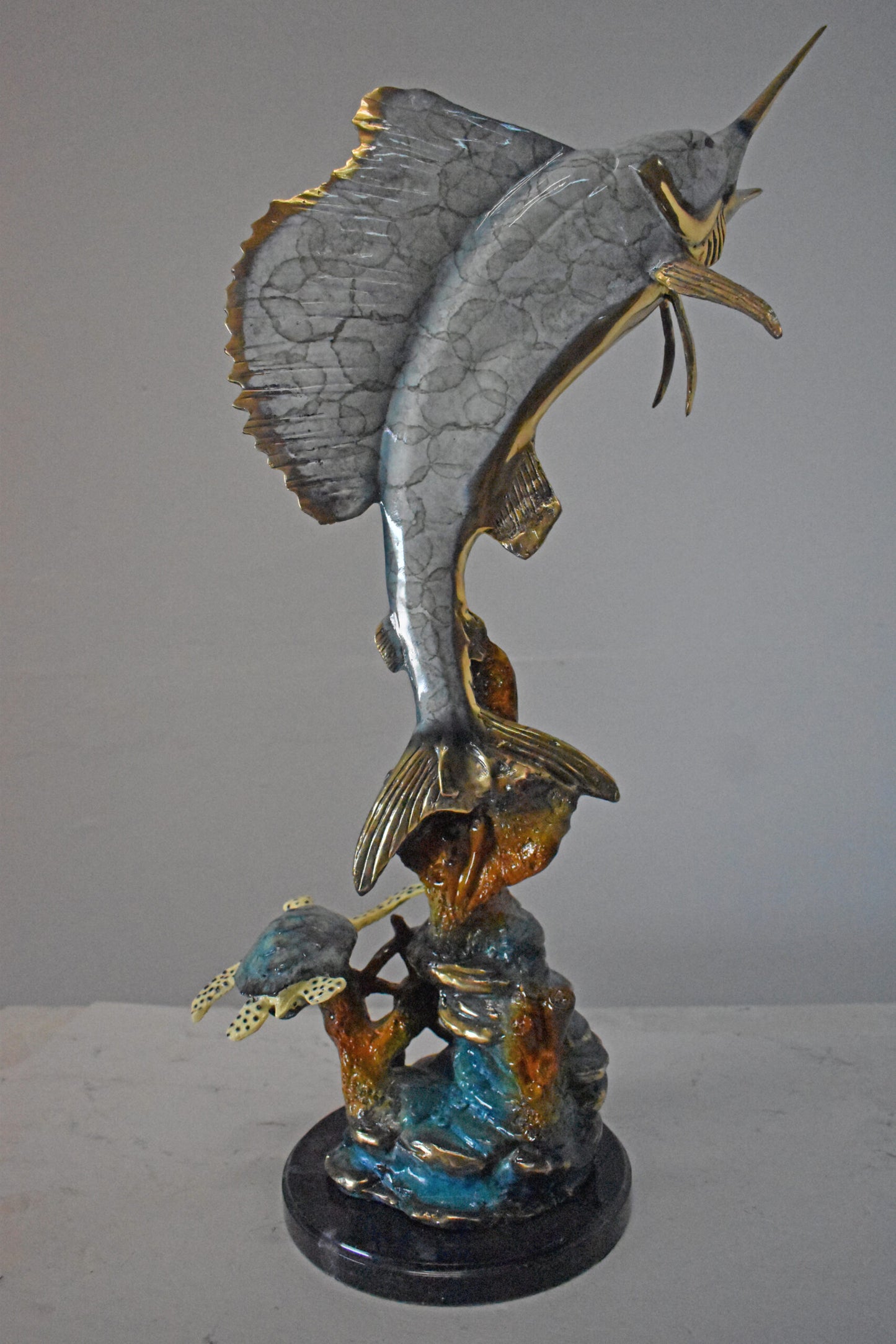 Sailfish with Turtle Bronze Statue - Size: 12"L x 18"W x 31"H.