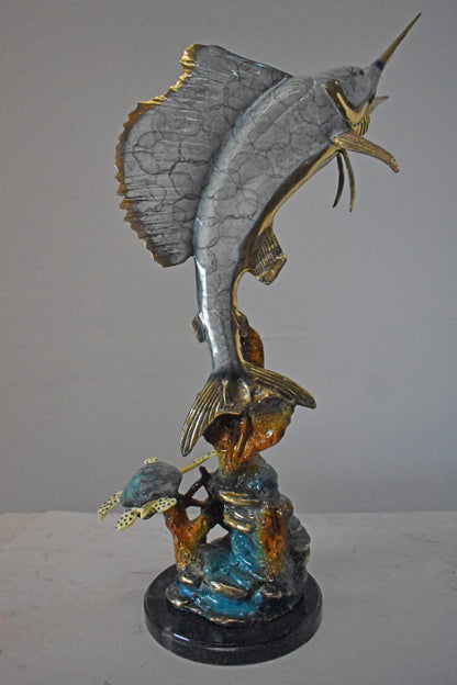 Sailfish with Turtle Bronze Statue - Size: 12"L x 18"W x 31"H.