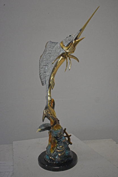 Sailfish with Turtle Bronze Statue - Size: 12"L x 18"W x 31"H.