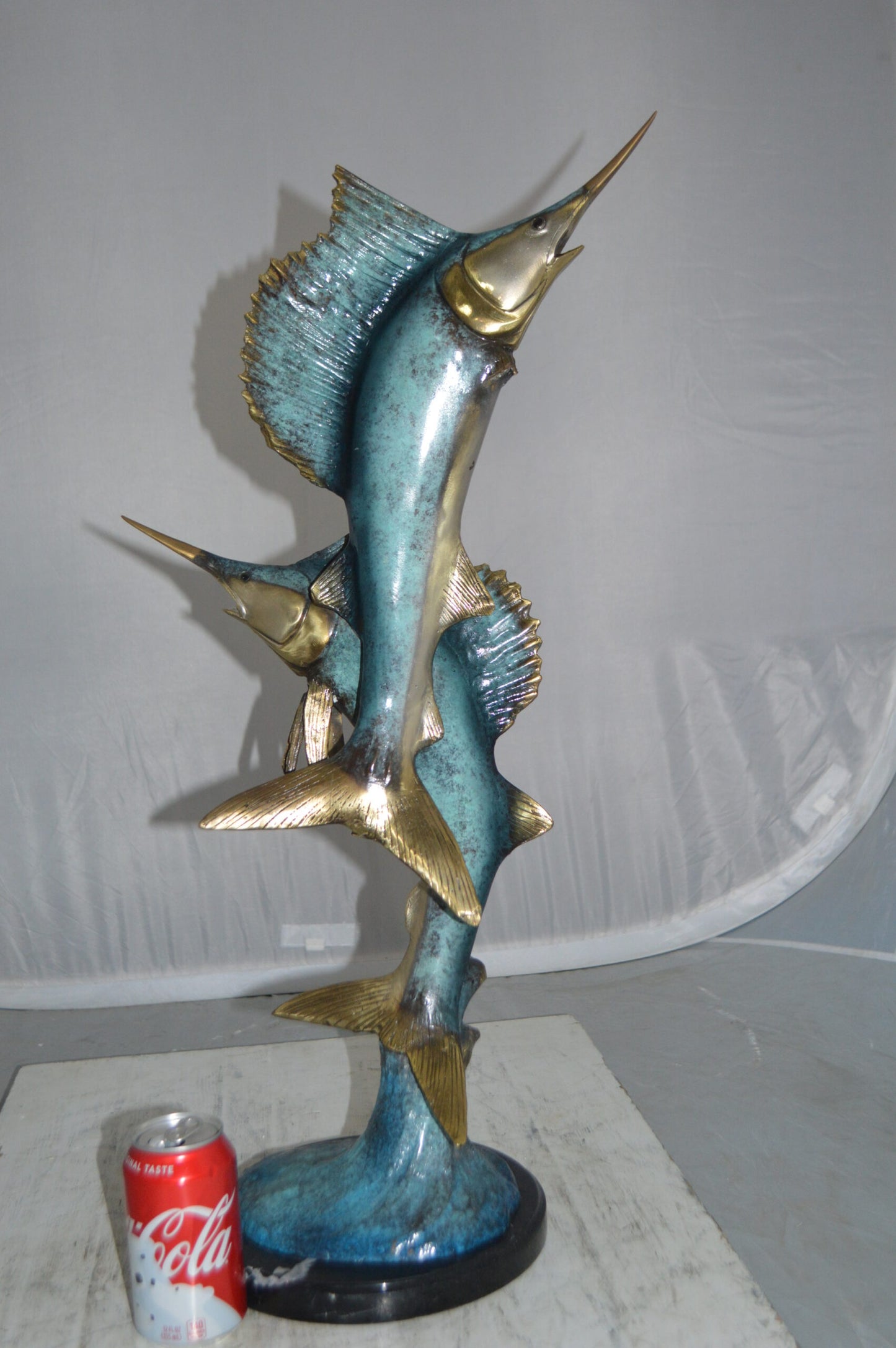 Two Sailfish jumping of water bronze statue -  Size: 13"L x 6"W x 28"H.