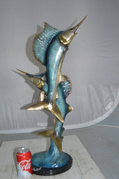 Two Sailfish jumping of water bronze statue -  Size: 13"L x 6"W x 28"H.