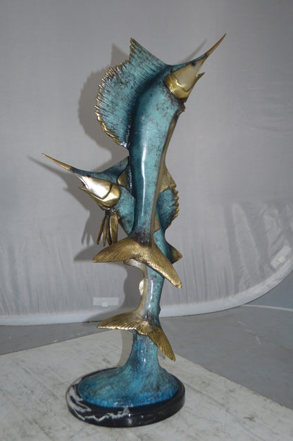 Two Sailfish jumping of water bronze statue -  Size: 13"L x 6"W x 28"H.