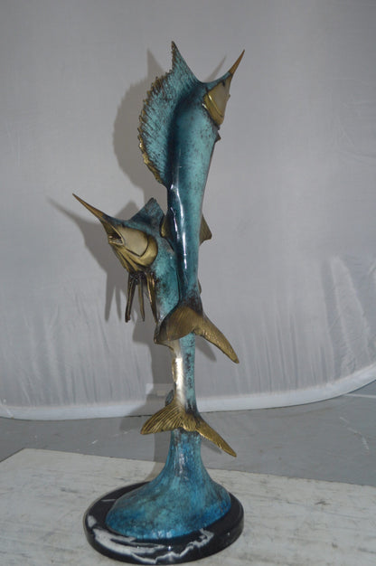 Two Sailfish jumping of water bronze statue -  Size: 13"L x 6"W x 28"H.