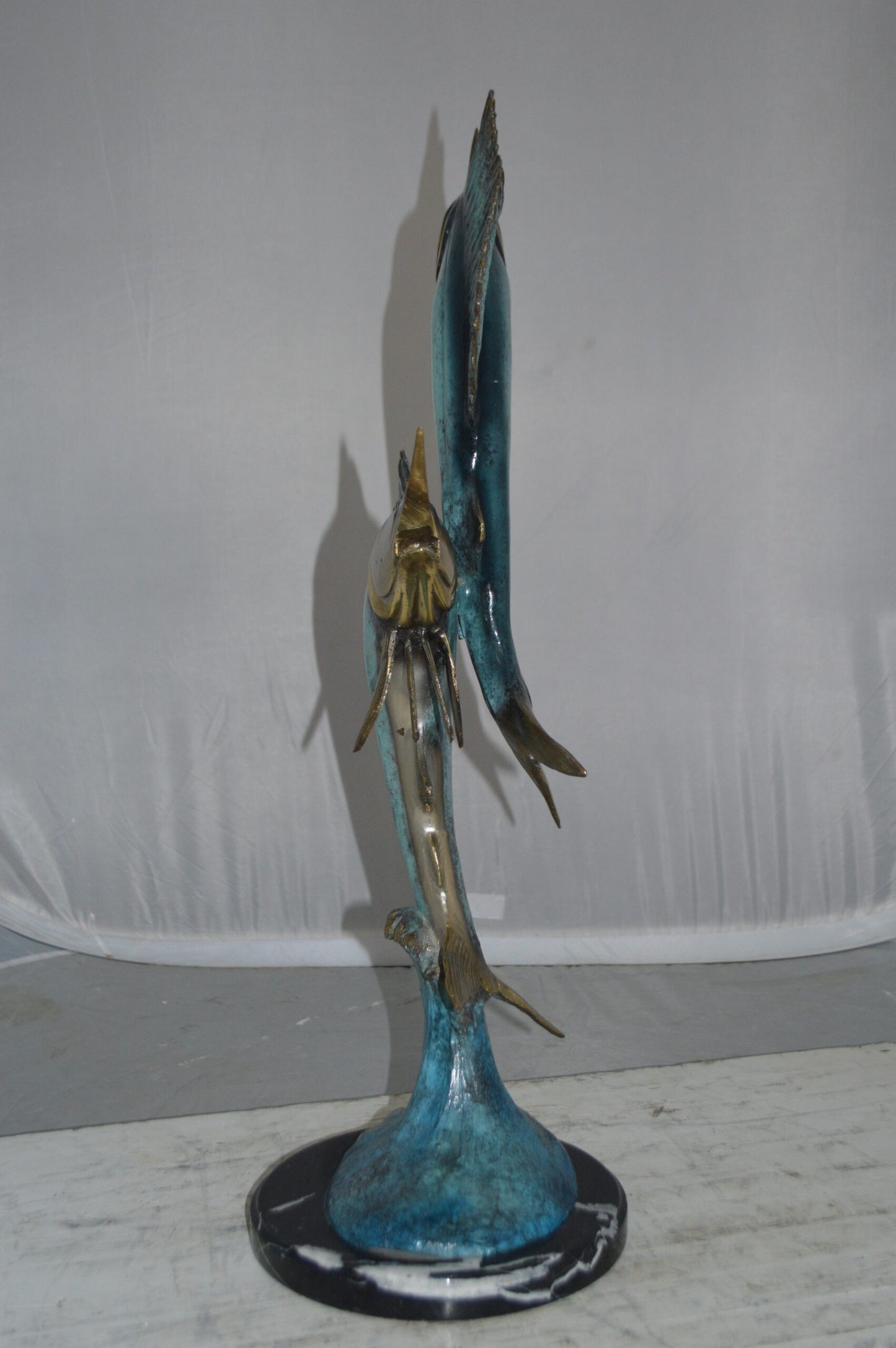 Two Sailfish jumping of water bronze statue -  Size: 13"L x 6"W x 28"H.