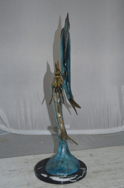 Two Sailfish jumping of water bronze statue -  Size: 13"L x 6"W x 28"H.