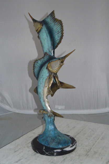 Two Sailfish jumping of water bronze statue -  Size: 13"L x 6"W x 28"H.
