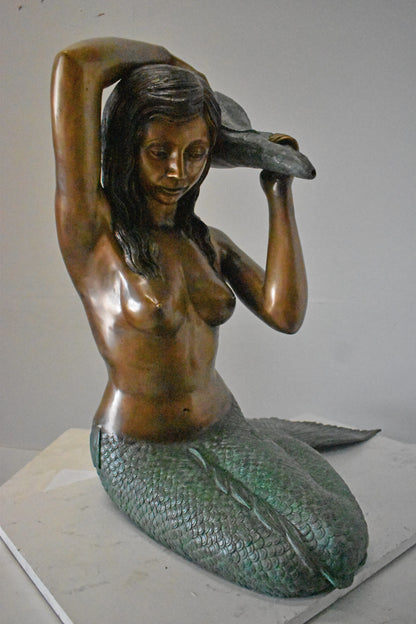 Mermaid Half Naked Holding a Shell Bronze Fountain-Art Nude 29" x 19" x 31"H