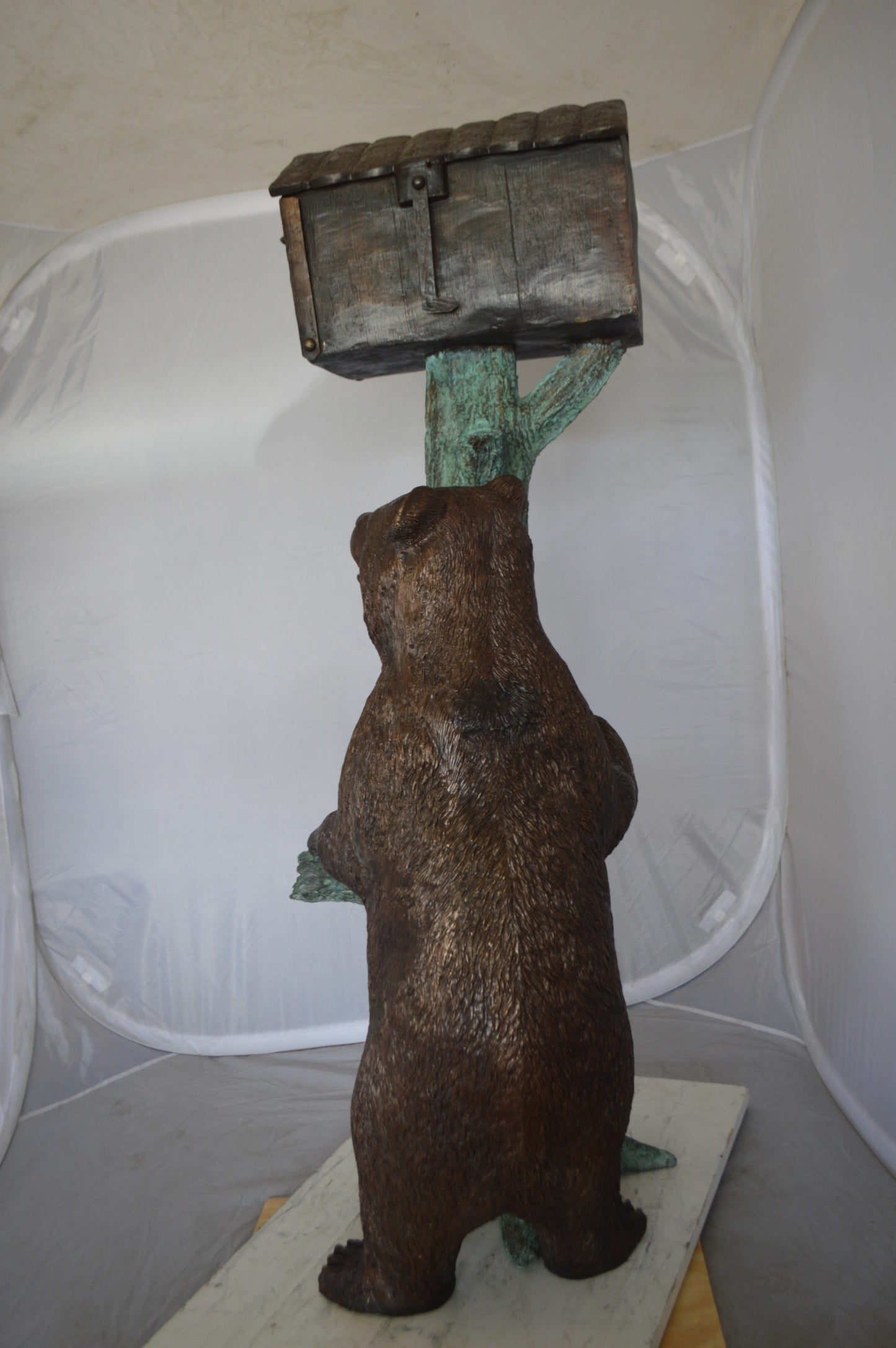 Bear beside a Tree with Mailbox Bronze Statue -  Size: 19"L x 20"W x 50"H. 