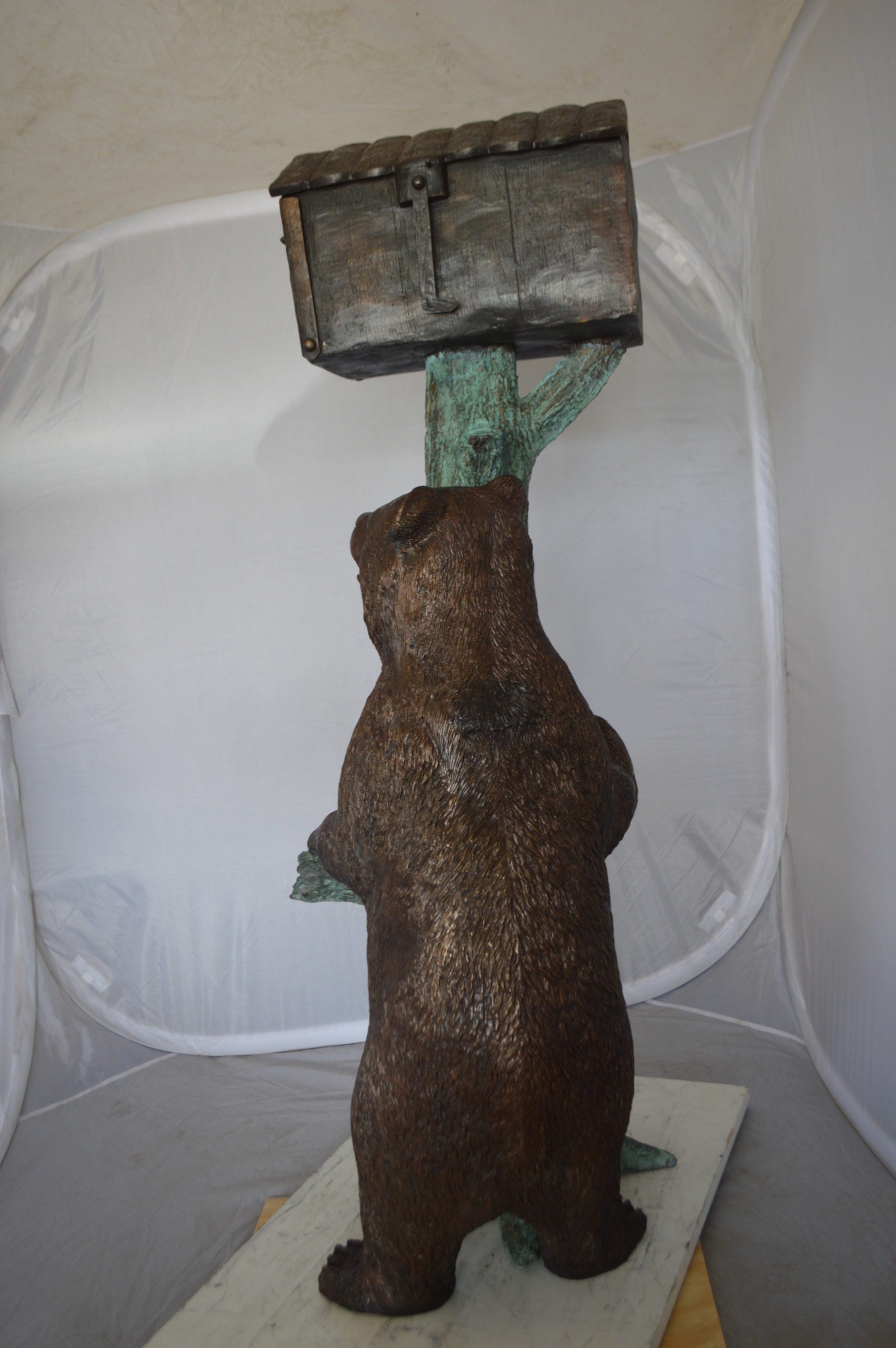 Bear beside a Tree with Mailbox Bronze Statue -  Size: 19"L x 20"W x 50"H. 