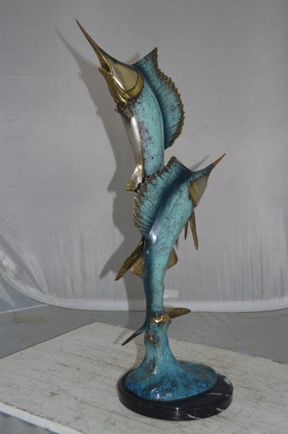 Two Sailfish jumping of water bronze statue -  Size: 13"L x 6"W x 28"H.