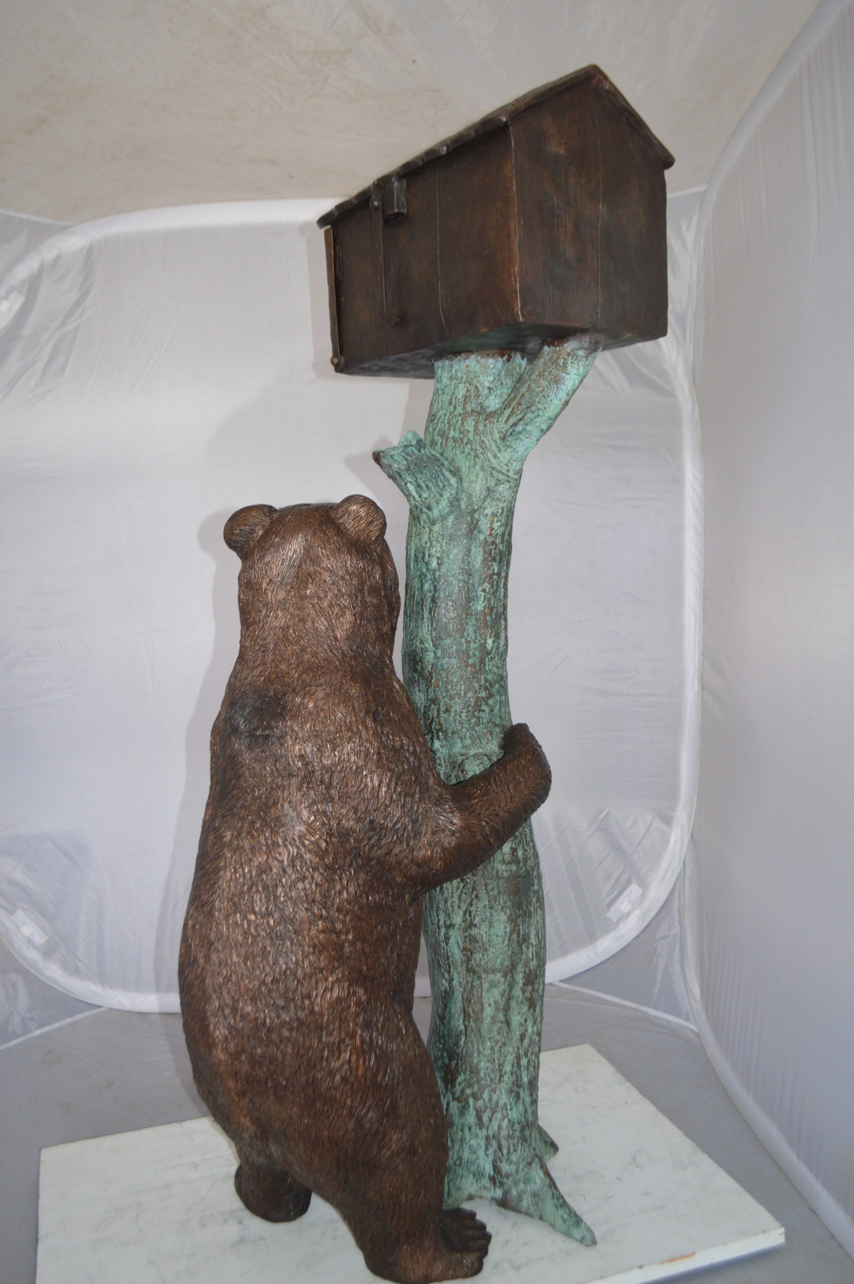 Bear beside a Tree with Mailbox Bronze Statue -  Size: 19"L x 20"W x 50"H. 