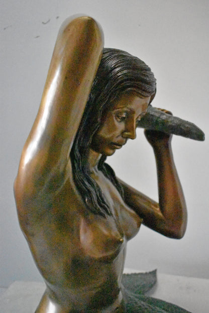 Mermaid Half Naked Holding a Shell Bronze Fountain-Art Nude 29" x 19" x 31"H