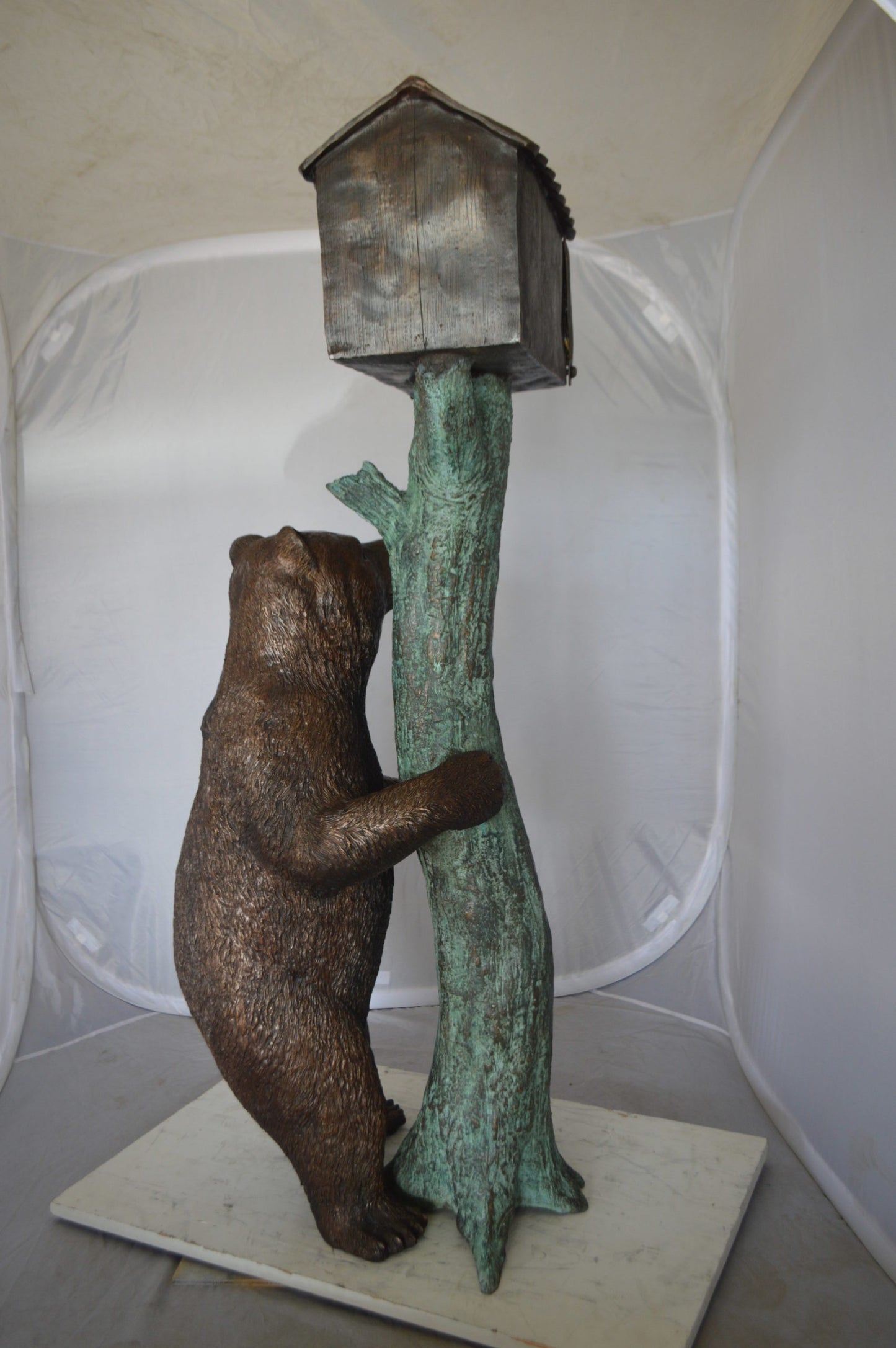 Bear beside a Tree with Mailbox Bronze Statue -  Size: 19"L x 20"W x 50"H. 