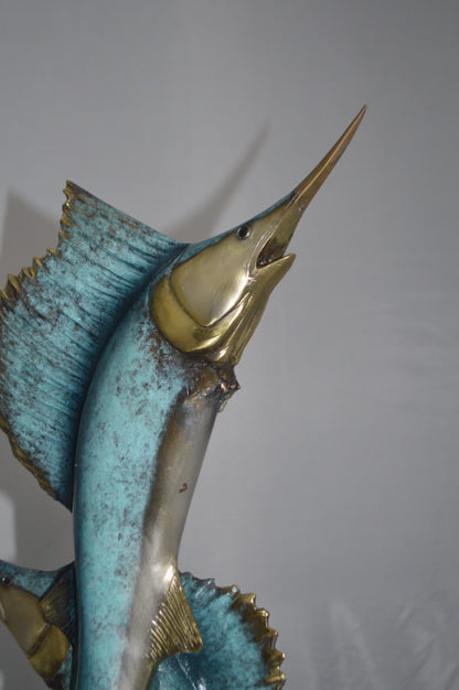 Two Sailfish jumping of water bronze statue -  Size: 13"L x 6"W x 28"H.