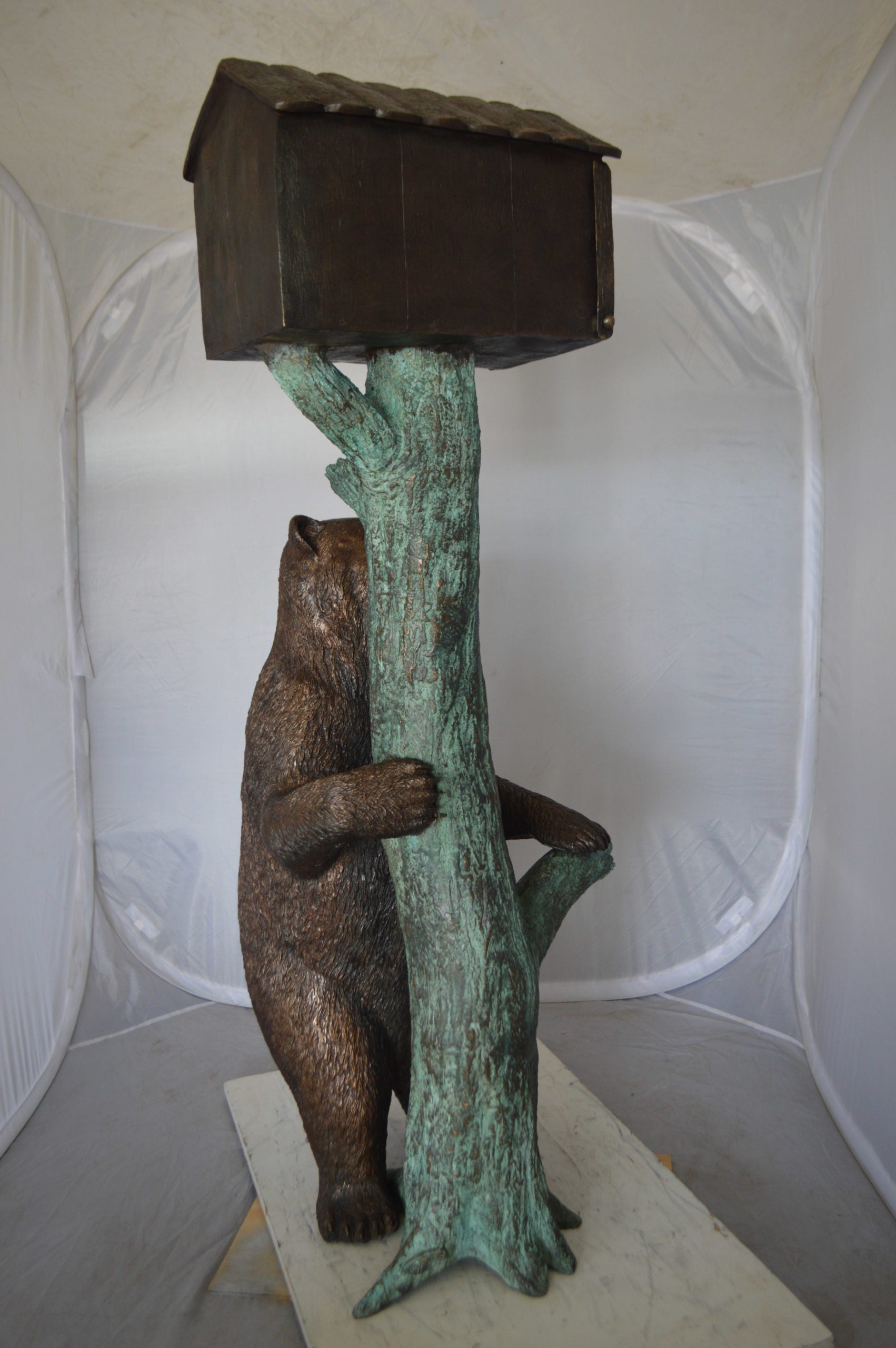 Bear beside a Tree with Mailbox Bronze Statue -  Size: 19"L x 20"W x 50"H. 