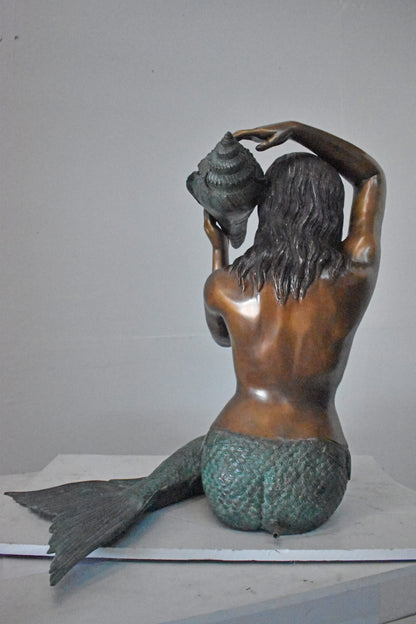 Mermaid Half Naked Holding a Shell Bronze Fountain-Art Nude 29" x 19" x 31"H