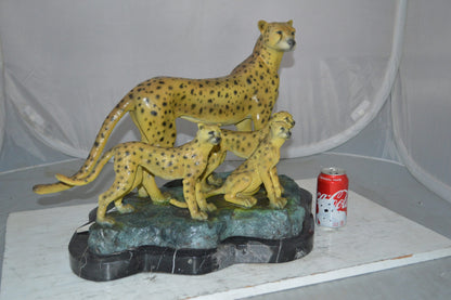 Cheetah Family Bronze Statue on Marble -  Size: 24"L x 14"W x 18"H.