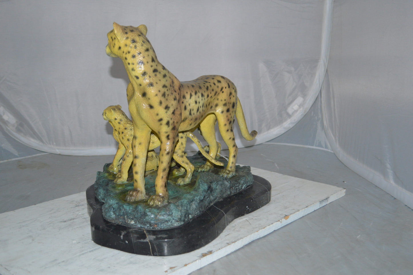 Cheetah Family Bronze Statue on Marble -  Size: 24"L x 14"W x 18"H.