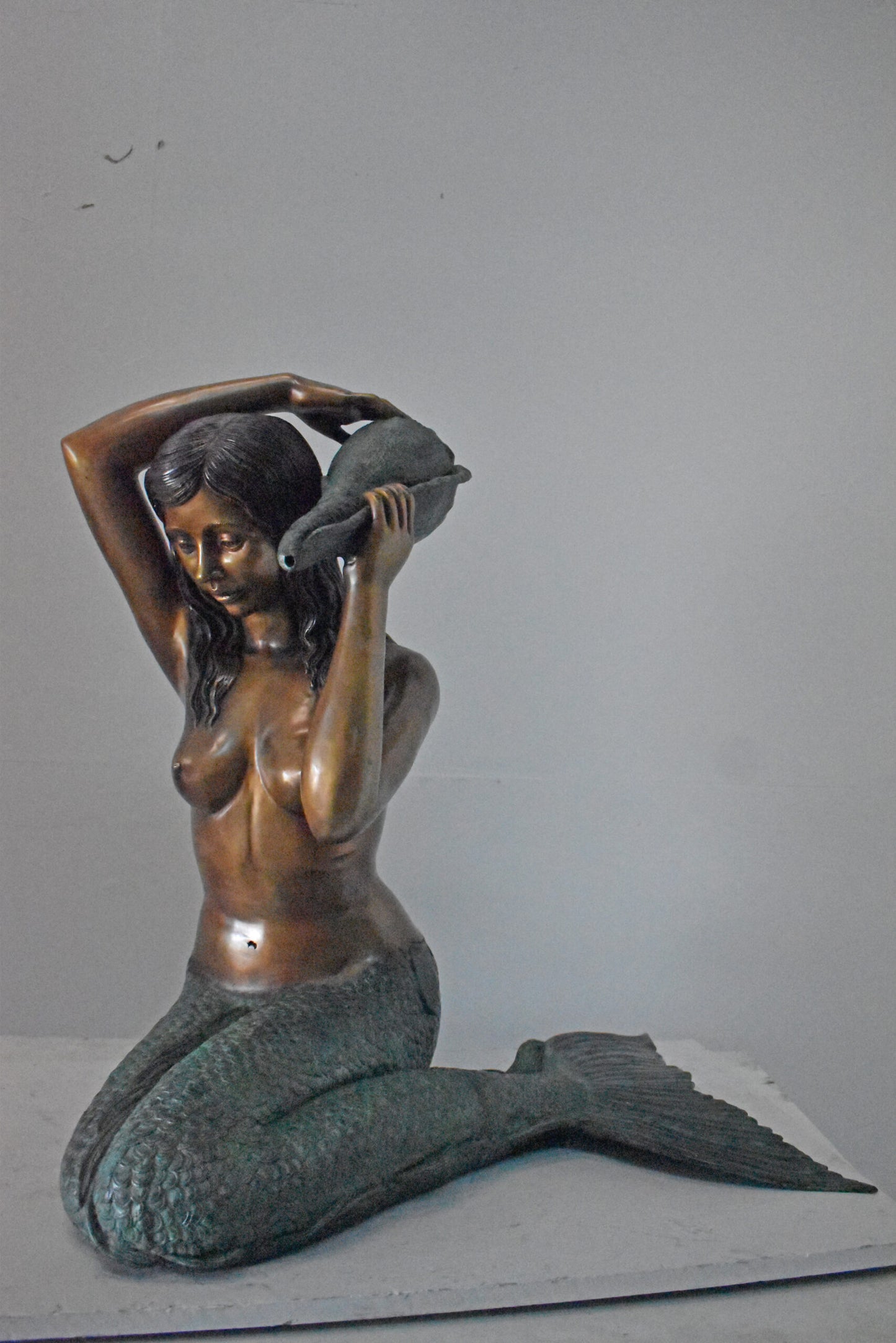Mermaid Half Naked Holding a Shell Bronze Fountain-Art Nude 29" x 19" x 31"H