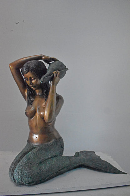 Mermaid Half Naked Holding a Shell Bronze Fountain-Art Nude 29" x 19" x 31"H