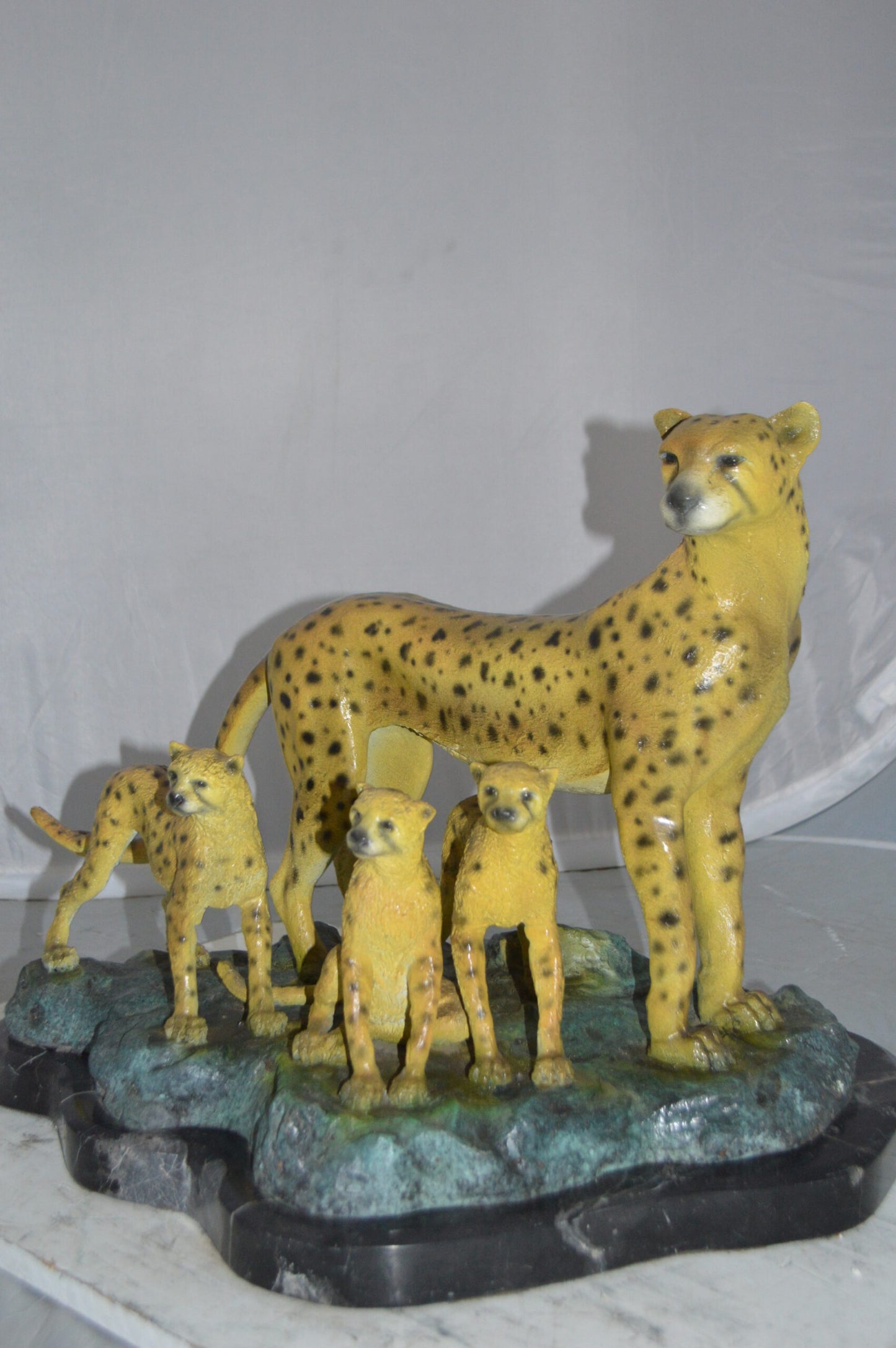 Cheetah Family Bronze Statue on Marble -  Size: 24"L x 14"W x 18"H.