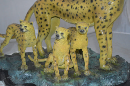 Cheetah Family Bronze Statue on Marble -  Size: 24"L x 14"W x 18"H.
