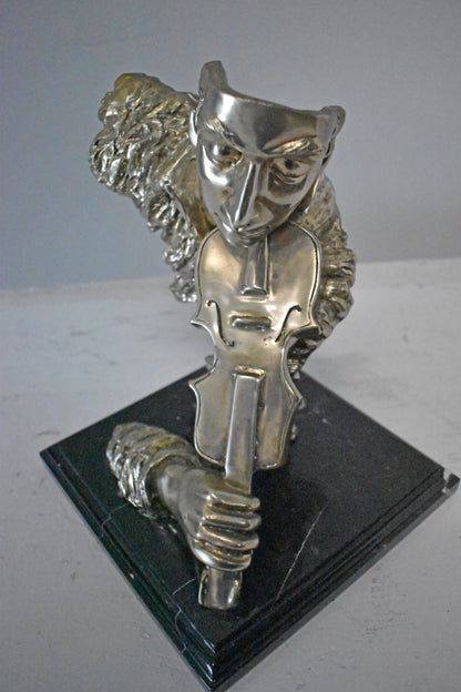 Man Playing the Violin Bronze Statue, Silver Finish - Size: 12"L x 9"W x 11"H.