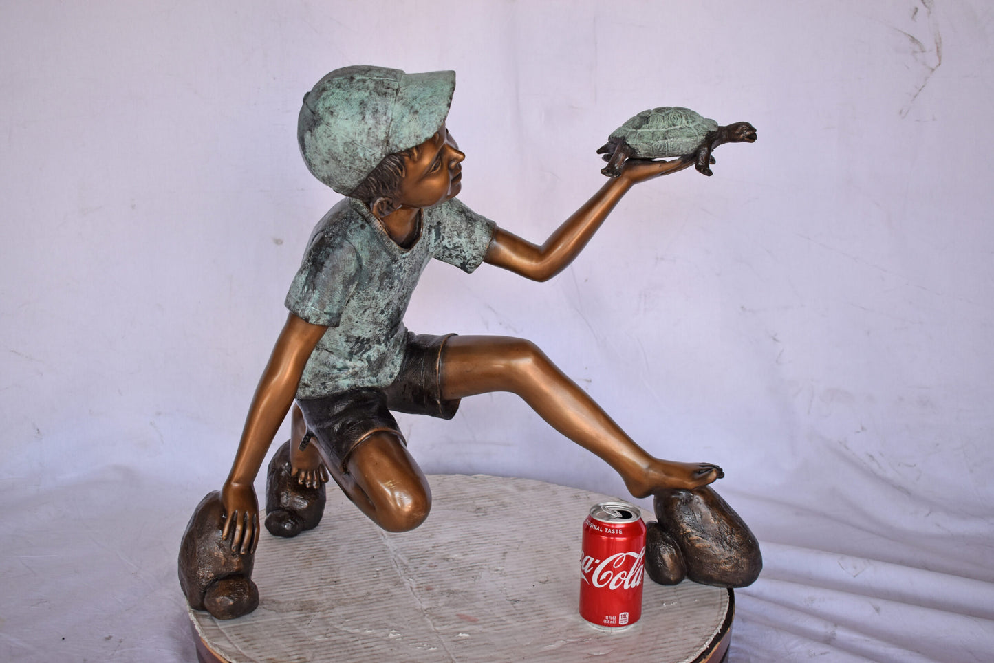 Adventurous Boy Holds a turtle bronze statue fountain-Size 22" x 11" x 23"H