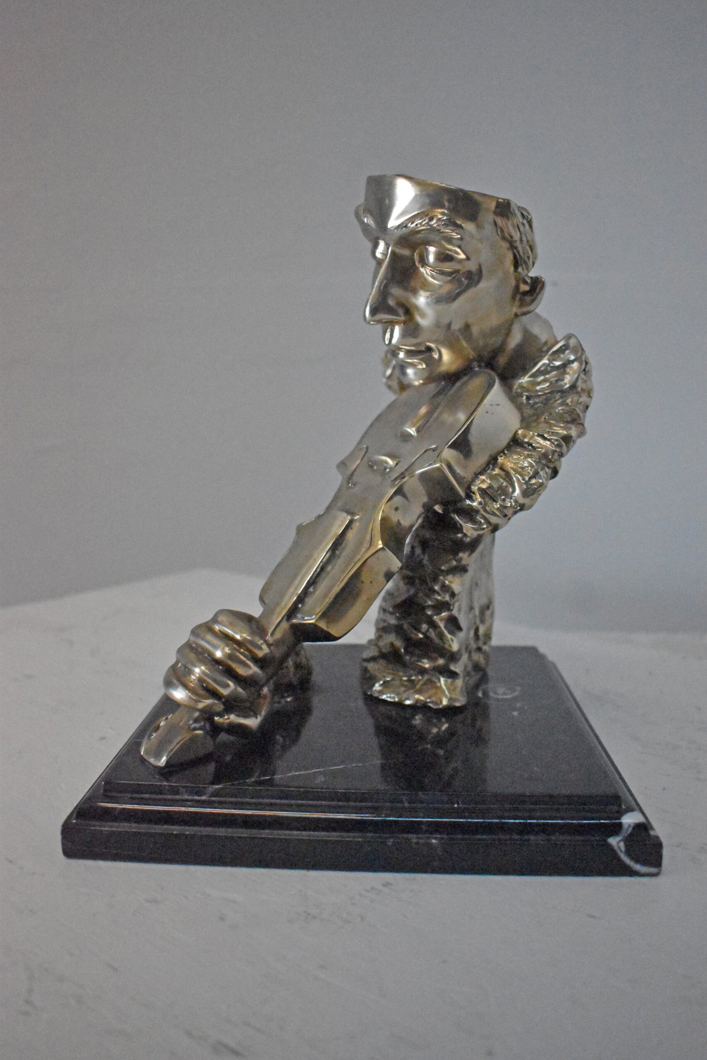 Man Playing the Violin Bronze Statue, Silver Finish - Size: 12"L x 9"W x 11"H.
