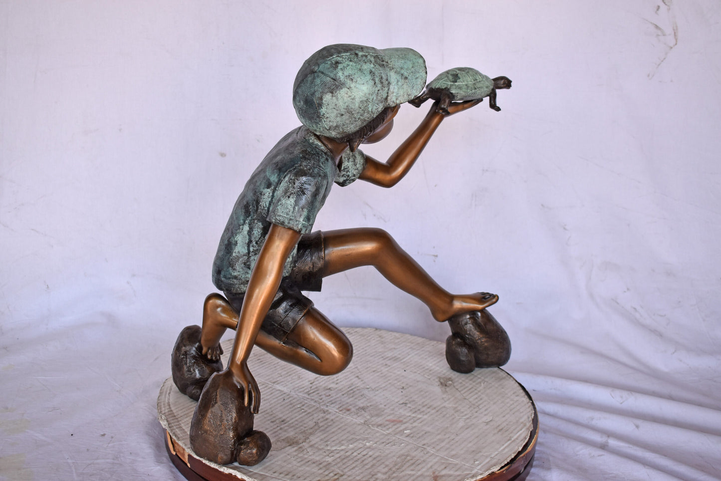 Adventurous Boy Holds a turtle bronze statue fountain-Size 22" x 11" x 23"H