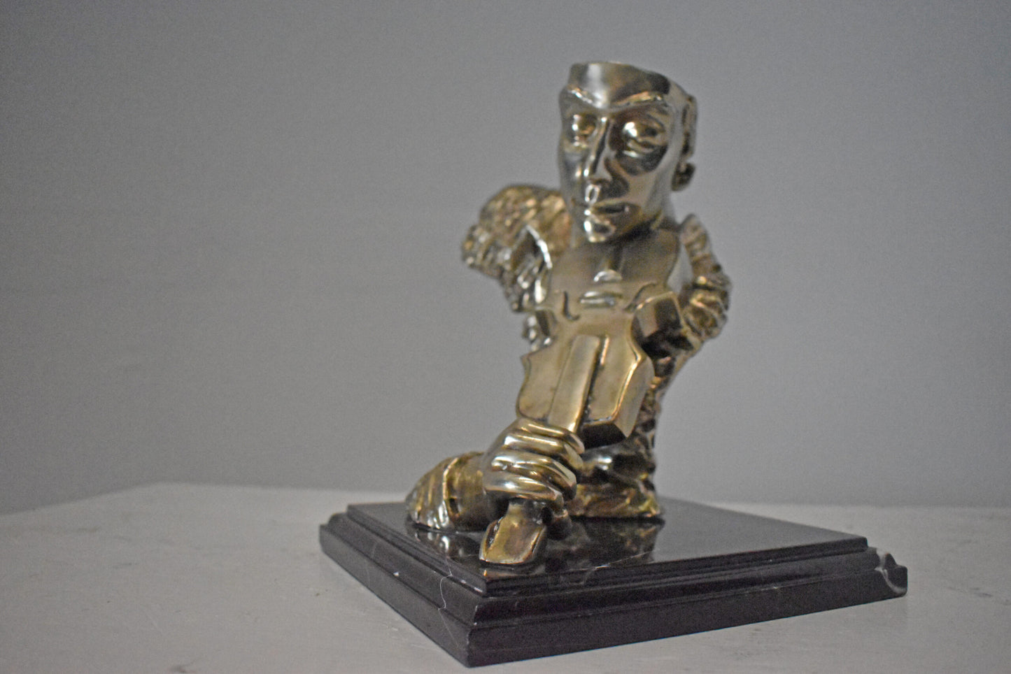 Man Playing the Violin Bronze Statue, Silver Finish - Size: 12"L x 9"W x 11"H.