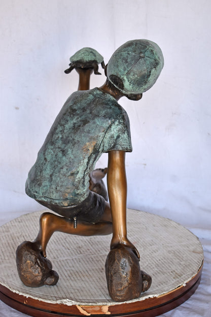 Adventurous Boy Holds a turtle bronze statue fountain-Size 22" x 11" x 23"H