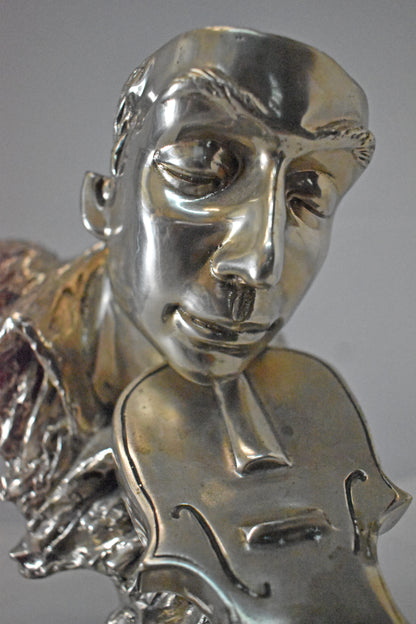 Man Playing the Violin Bronze Statue, Silver Finish - Size: 12"L x 9"W x 11"H.