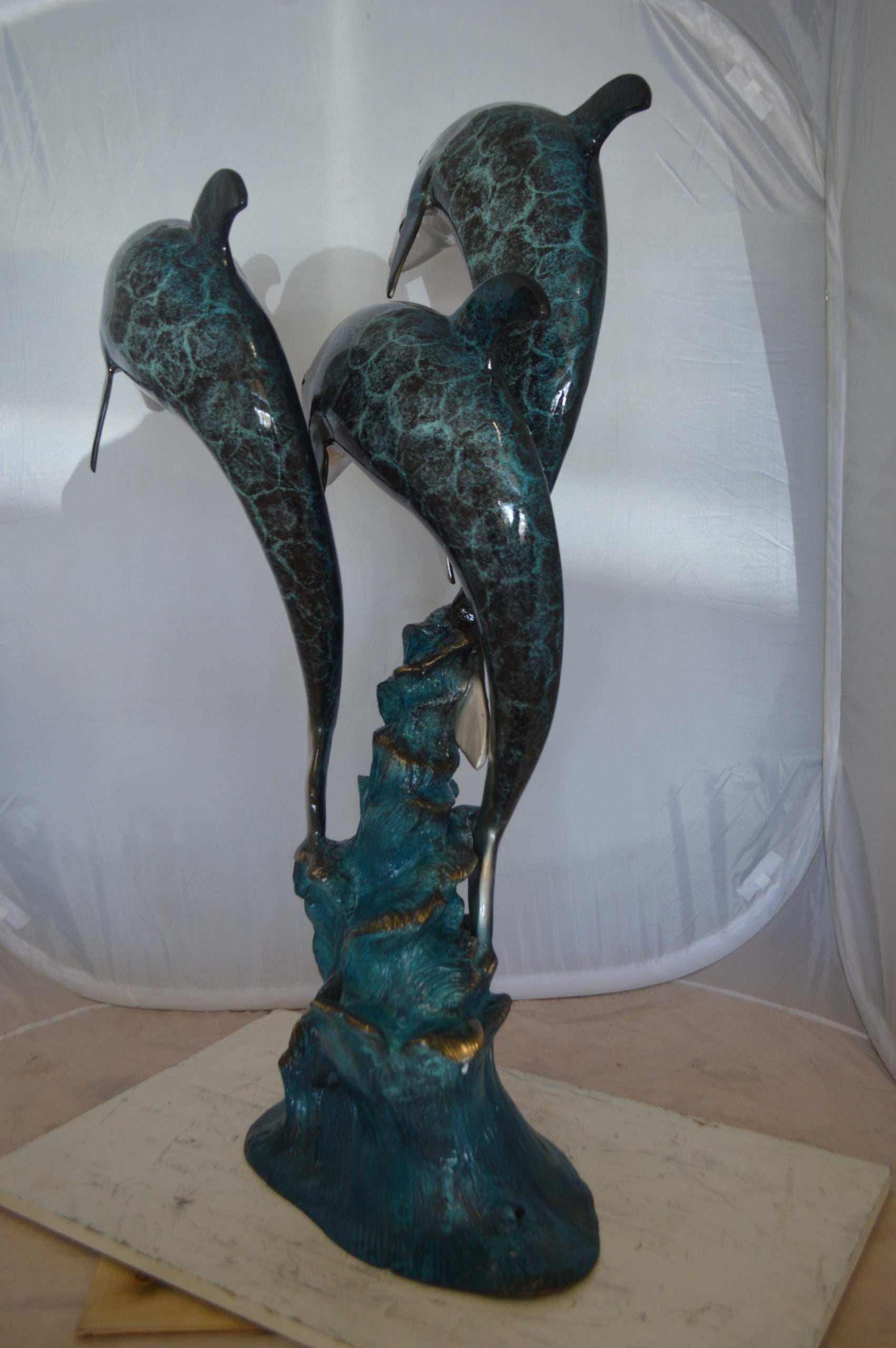 Three Dolphin Fountain  Bronze Statue -  Size: 21"L x 26"W x 45"H. 