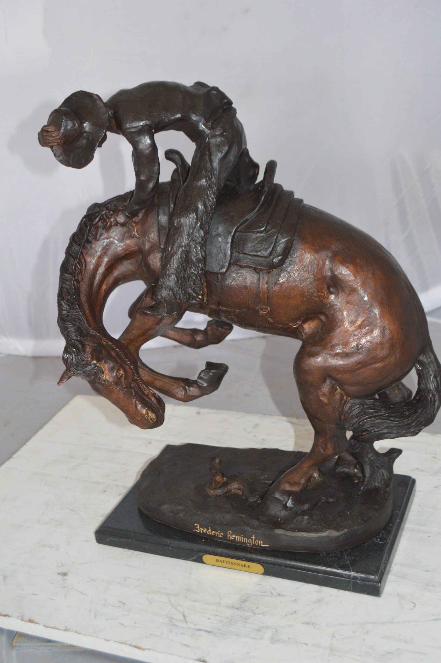 Rattlesnake by Remington Bronze Statue -  Size: 16"L x 13"W x 22"H. 