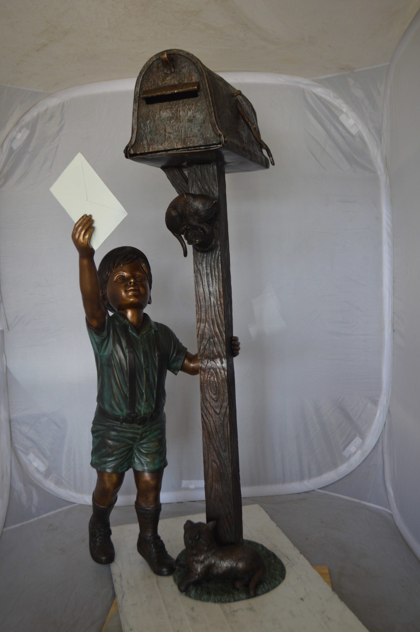 Standing Boy by Mailbox with Two cats  Bronze Statue -  23"x 19"x 50"H. 