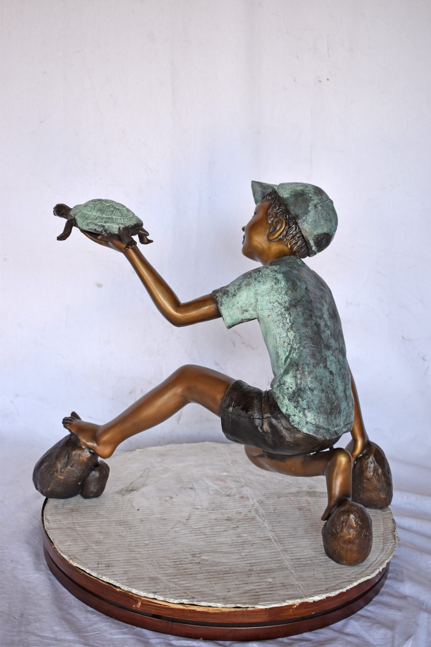 Adventurous Boy Holds a turtle bronze statue fountain-Size 22" x 11" x 23"H