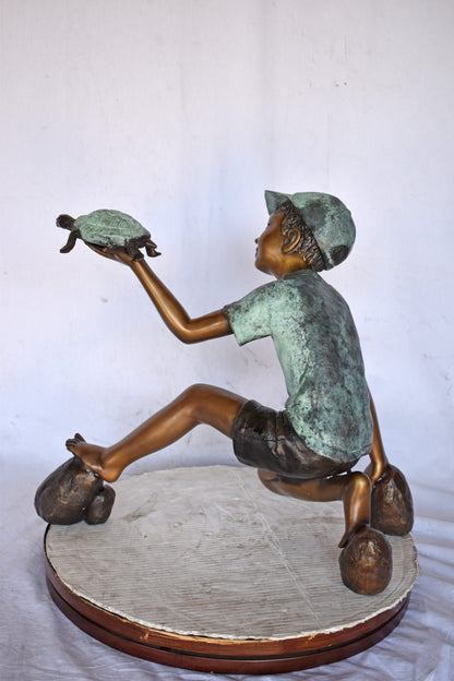 Adventurous Boy Holds a turtle bronze statue fountain-Size 22" x 11" x 23"H