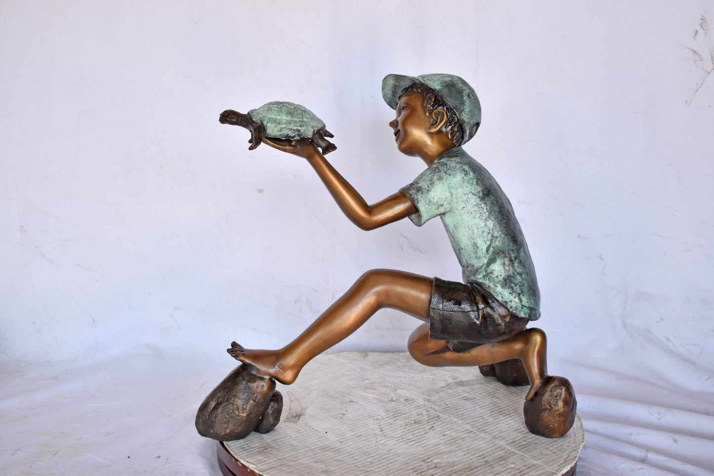 Adventurous Boy Holds a turtle bronze statue fountain-Size 22" x 11" x 23"H