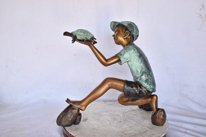 Adventurous Boy Holds a turtle bronze statue fountain-Size 22" x 11" x 23"H