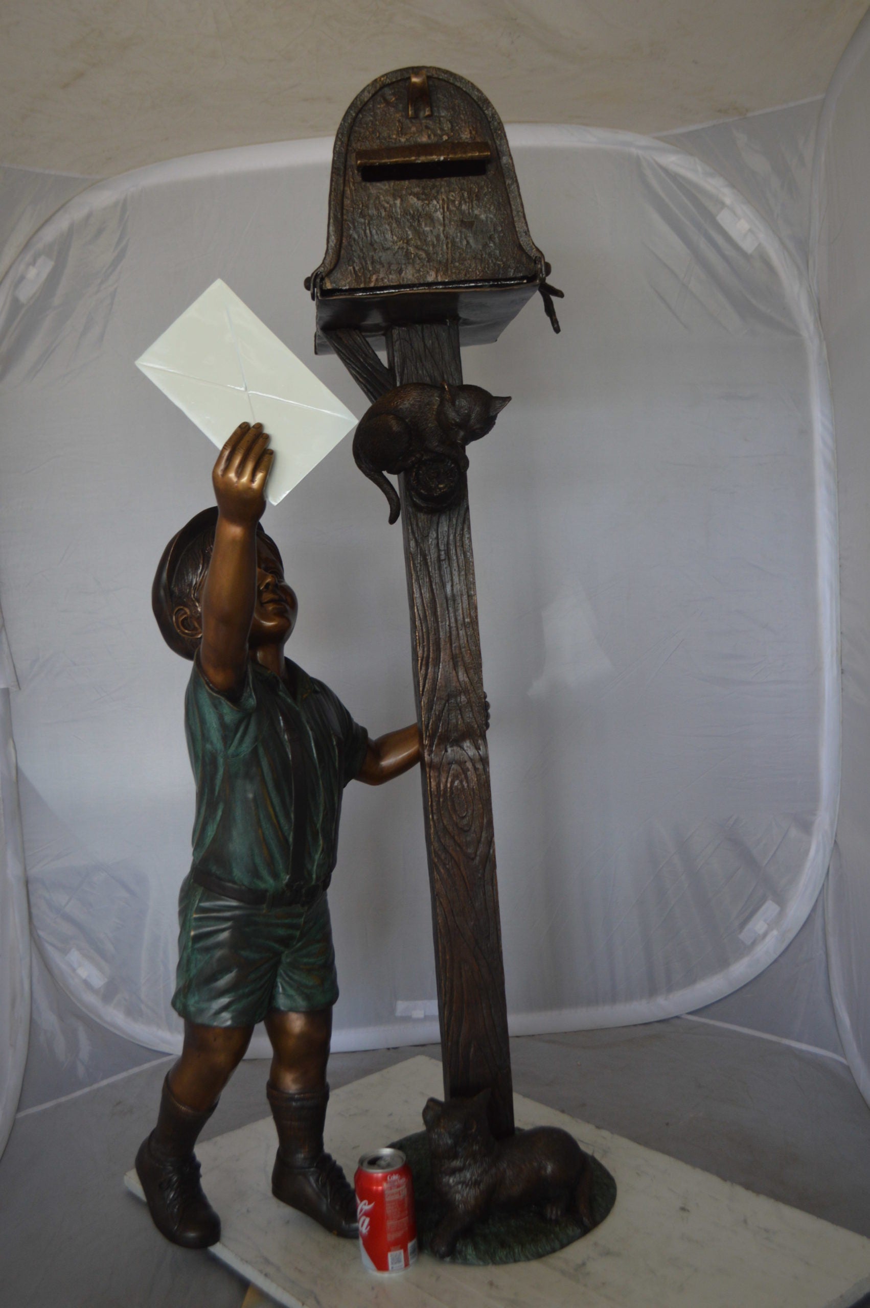 Standing Boy by Mailbox with Two cats  Bronze Statue -  23"x 19"x 50"H. 
