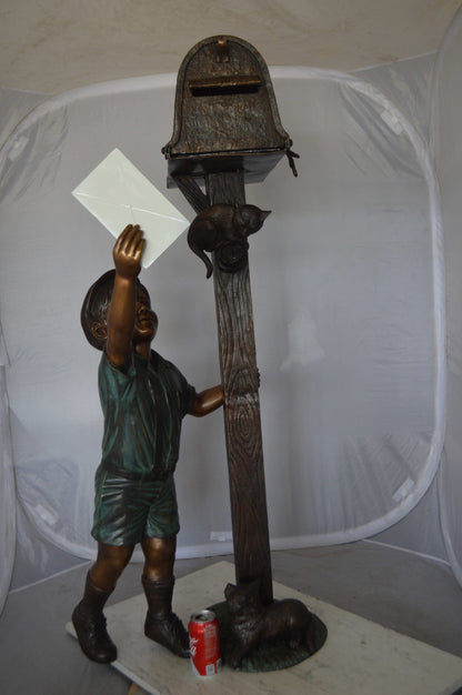 Standing Boy by Mailbox with Two cats  Bronze Statue -  23"x 19"x 50"H. 
