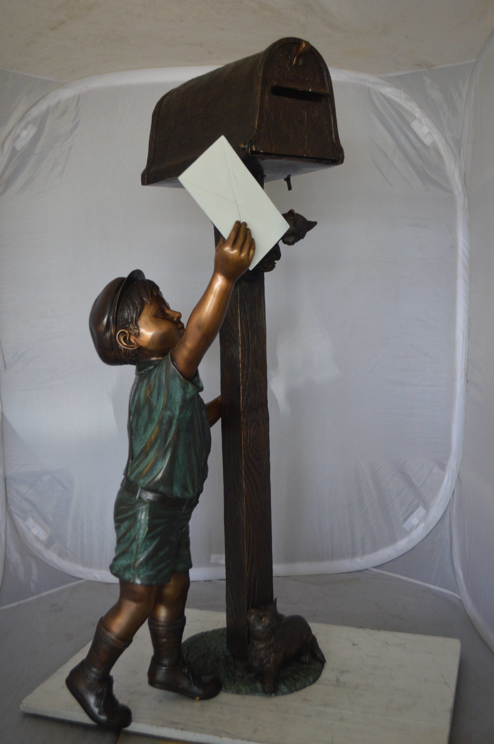 Standing Boy by Mailbox with Two cats  Bronze Statue -  23"x 19"x 50"H. 