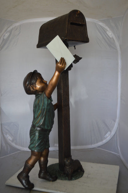 Standing Boy by Mailbox with Two cats  Bronze Statue -  23"x 19"x 50"H. 