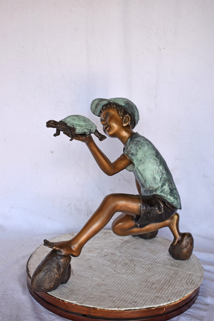 Adventurous Boy Holds a turtle bronze statue fountain-Size 22" x 11" x 23"H